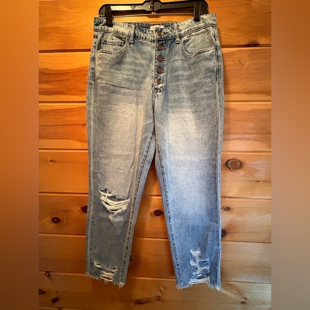 Pink Lily High Rise Distressed 5 Button Light Blue Jeans size 9